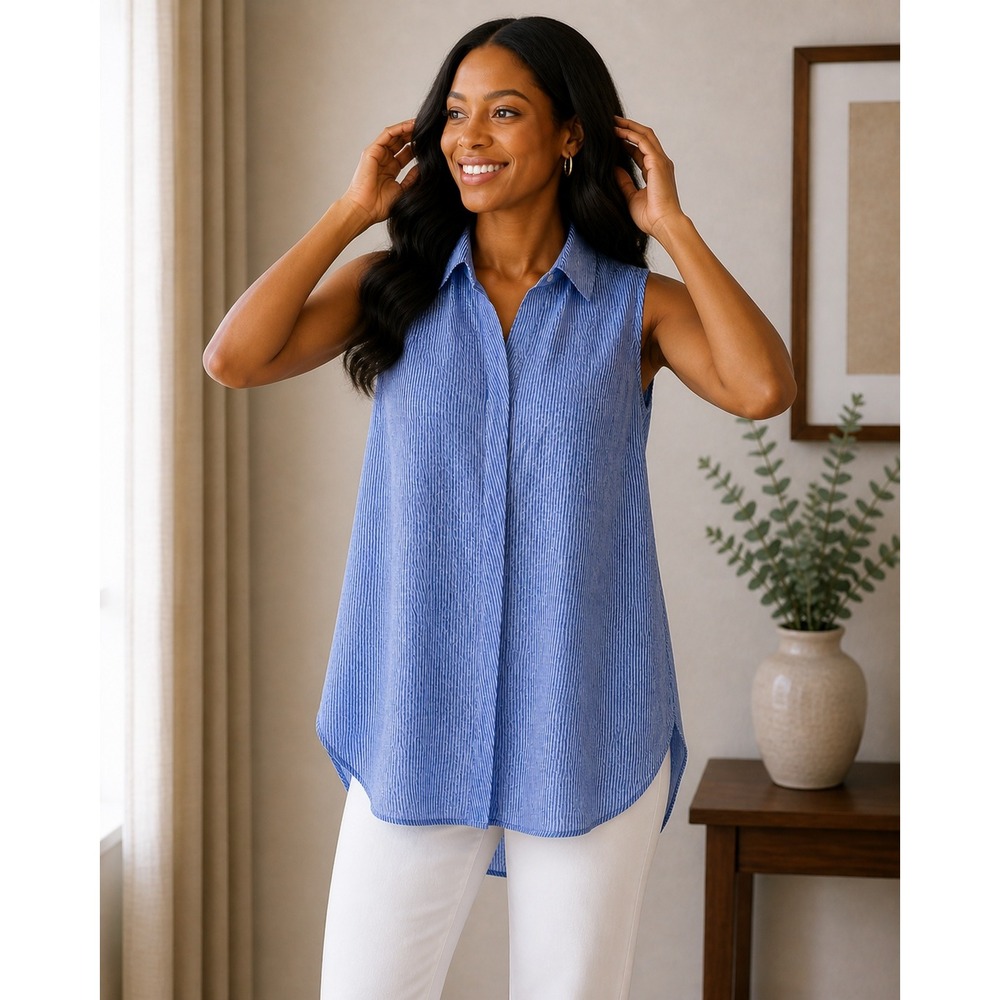 White House Black Market Blue Striped Sleeveless High-Low Tunic Shirt Small